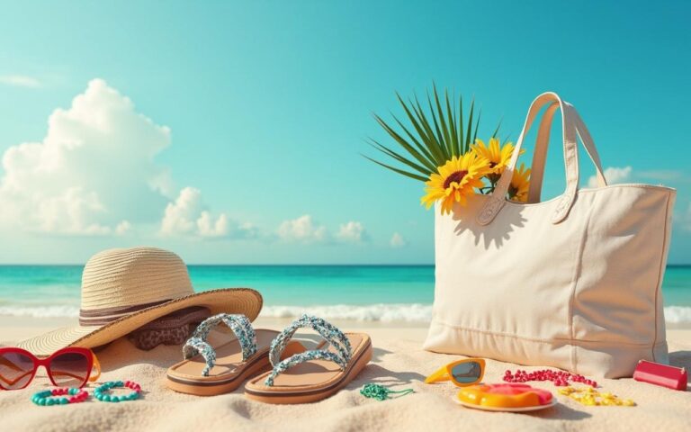 Accessoires de plage stylés sur une plage animée, incluant un sac, des lunettes et un chapeau.