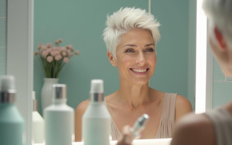 Femme avec cheveux blancs et coupe moderne, souriante devant un miroir.