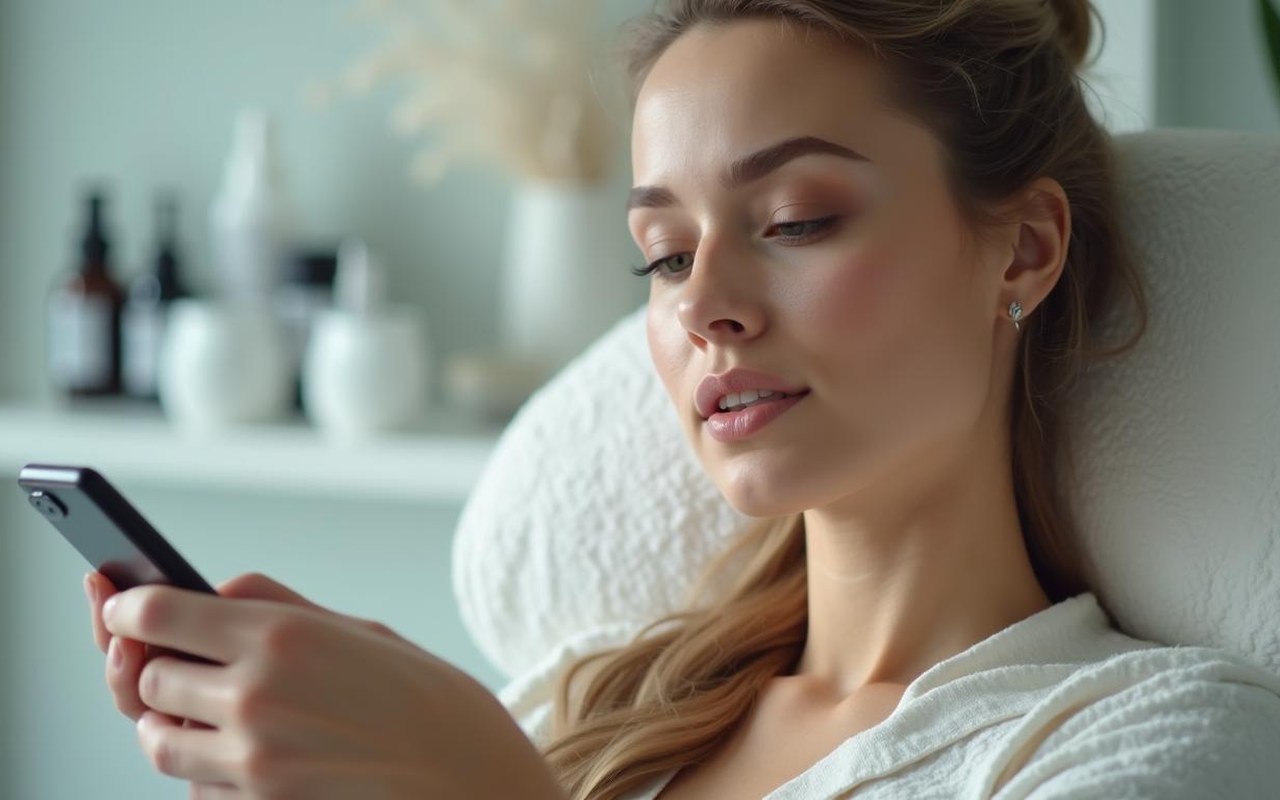 Femme examinant des produits de beauté lors d'une consultation esthétique