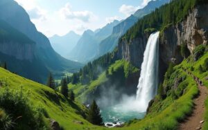 Cascade d'Arpenaz en Haute-Savoie, entourée de nature et de randonneurs