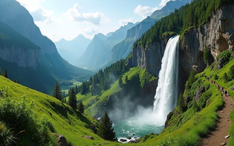 Cascade d'Arpenaz en Haute-Savoie, entourée de nature et de randonneurs