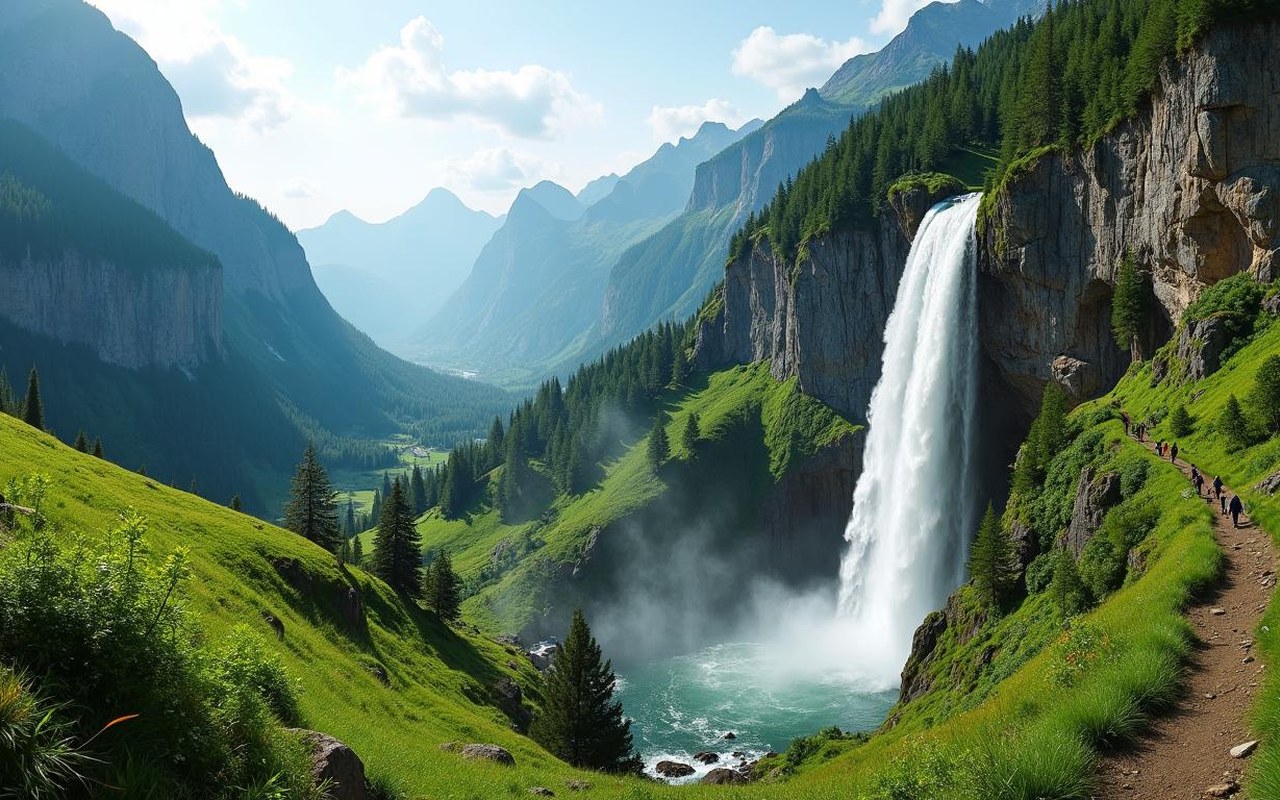 Cascade d'Arpenaz en Haute-Savoie, entourée de nature et de randonneurs