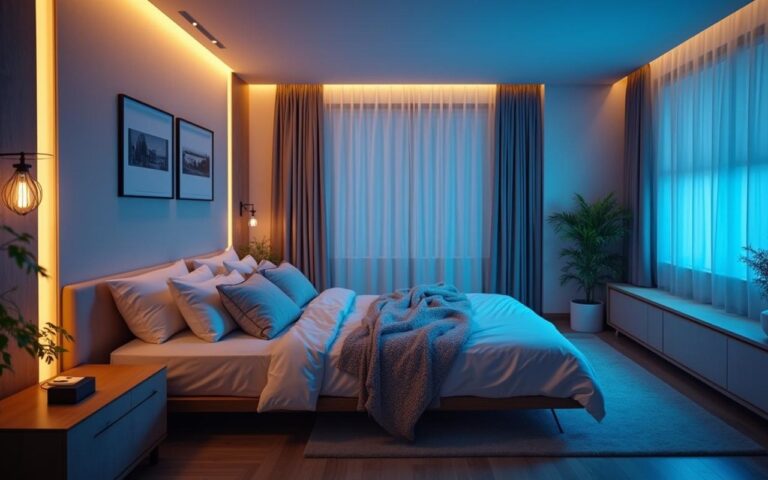 Chambre moderne high-tech avec éclairage intelligent et mobilier connecté.