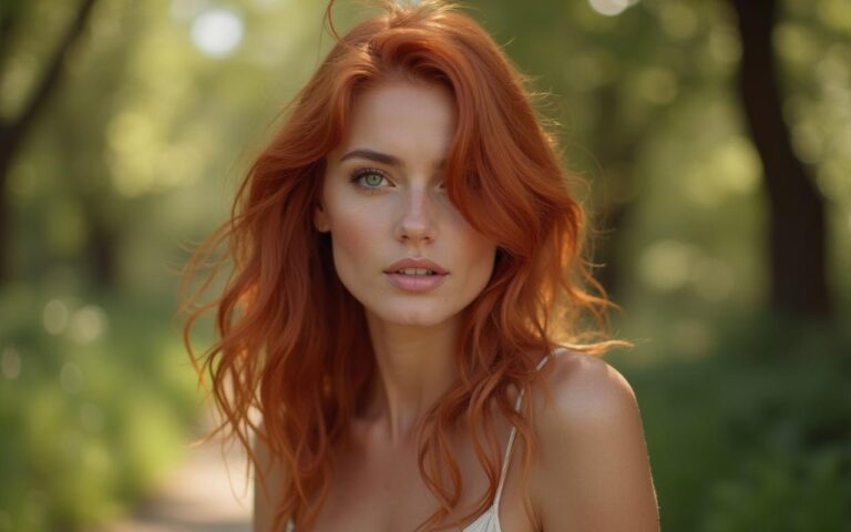 Femme avec des cheveux acajou cuivré dans un cadre naturel