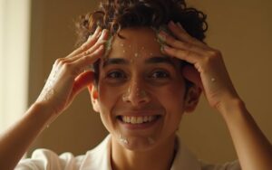 Application d'huile de ricin sur les cheveux pour un soin capillaire naturel.