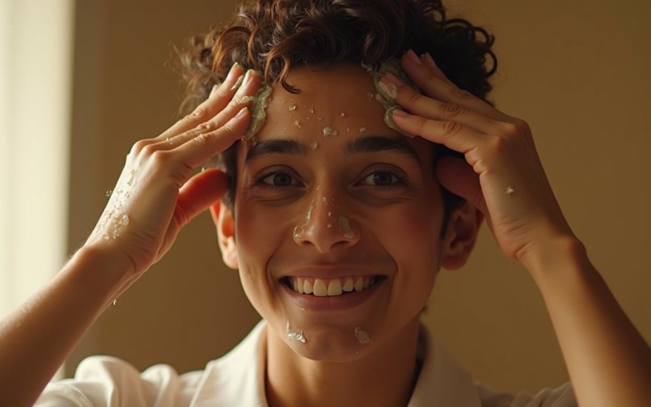 Application d'huile de ricin sur les cheveux pour un soin capillaire naturel.