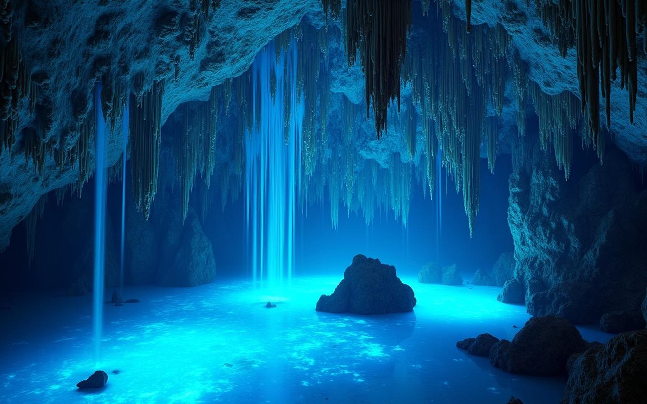 Intérieur des grottes de Saint-Cézaire avec stalactites et cascade fluorescente.