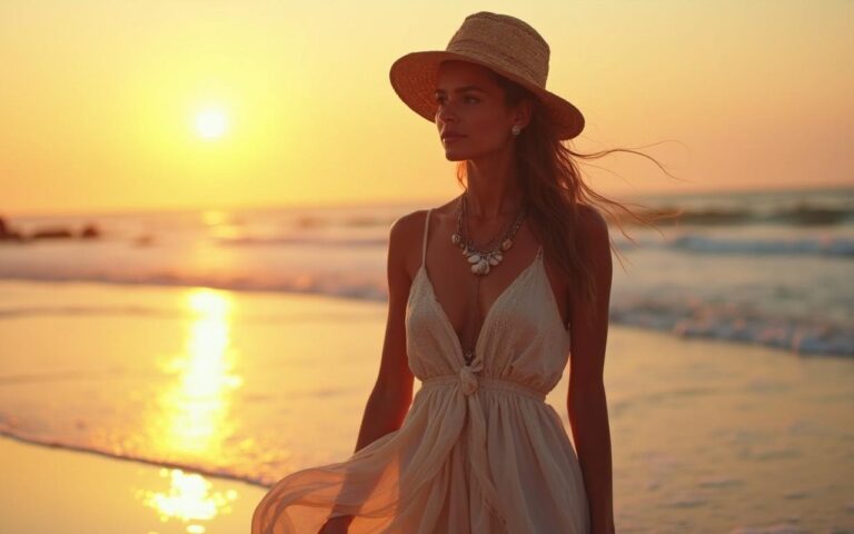 Femme en robe de plage bohème marchant sur la plage au coucher du soleil.