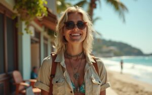 Un surfeur urbain avec un look vintage sur un trottoir, mélange de style et nature.