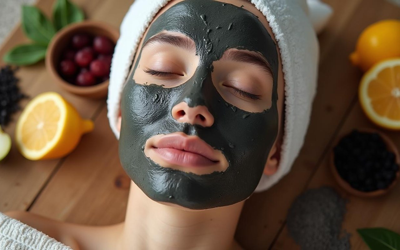 Masque anti-points noirs appliqué sur une peau propre avec des ingrédients naturels autour.
