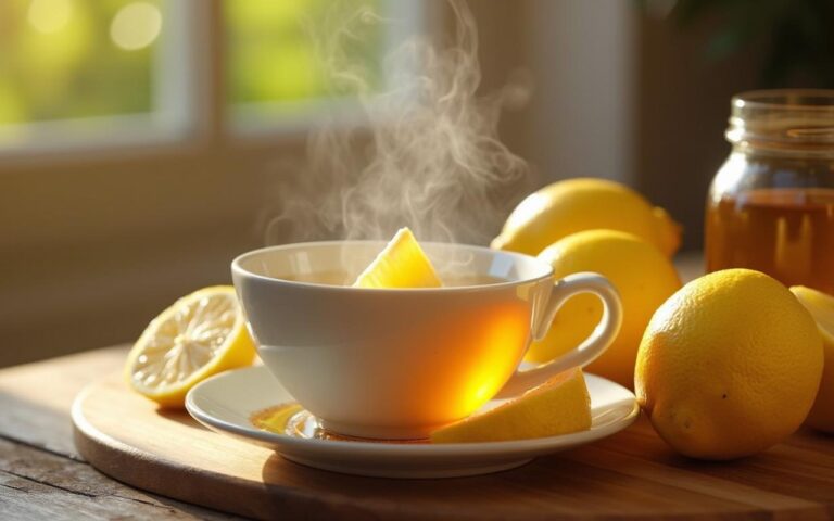 Tasse de miel et citron sur une table en bois, ambiance apaisante pour le soir.