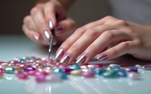 Manucure en gel couleur avec des teintes vibrantes et des effets spéciaux sur une table élégante.