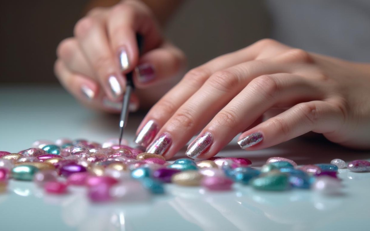 Manucure en gel couleur avec des teintes vibrantes et des effets spéciaux sur une table élégante.