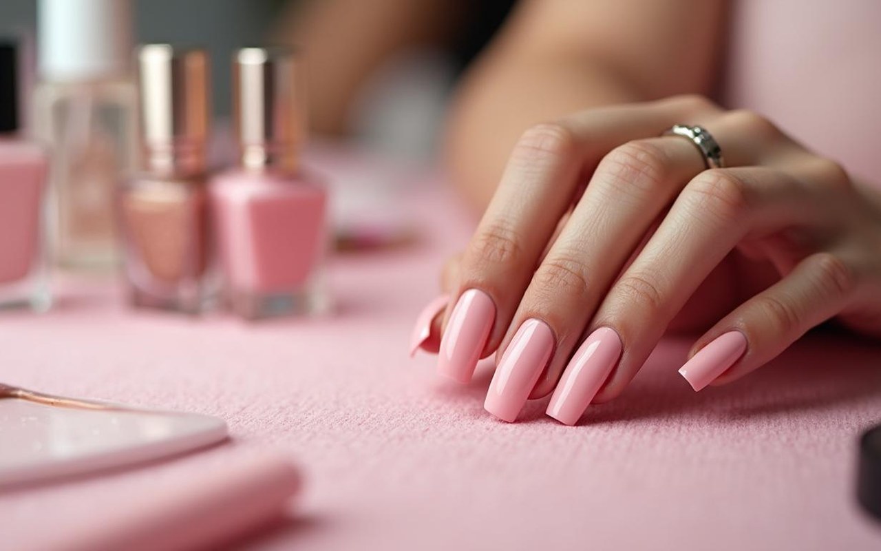 Manucure élégante avec des ongles rose poudré en différentes finitions sur une table de beauté.