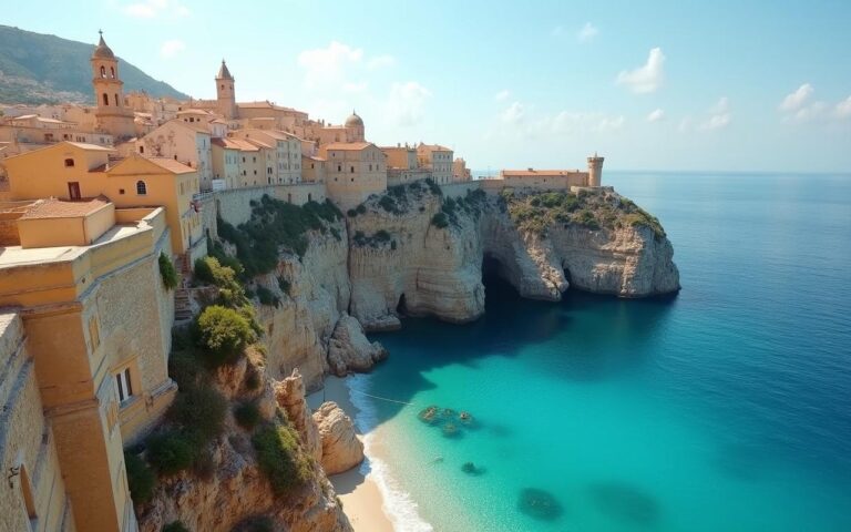 Vue panoramique de Bonifacio, village médiéval sur falaises calcaires en Corse-du-Sud.