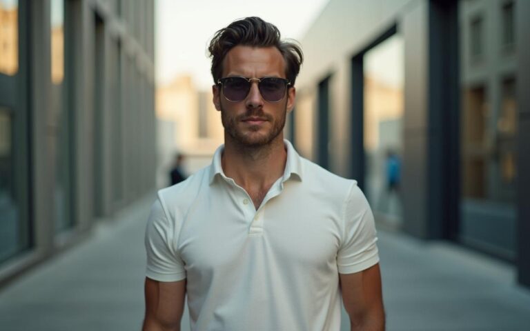 Homme élégant avec un polo rentré dans un pantalon, style casual chic en milieu urbain.