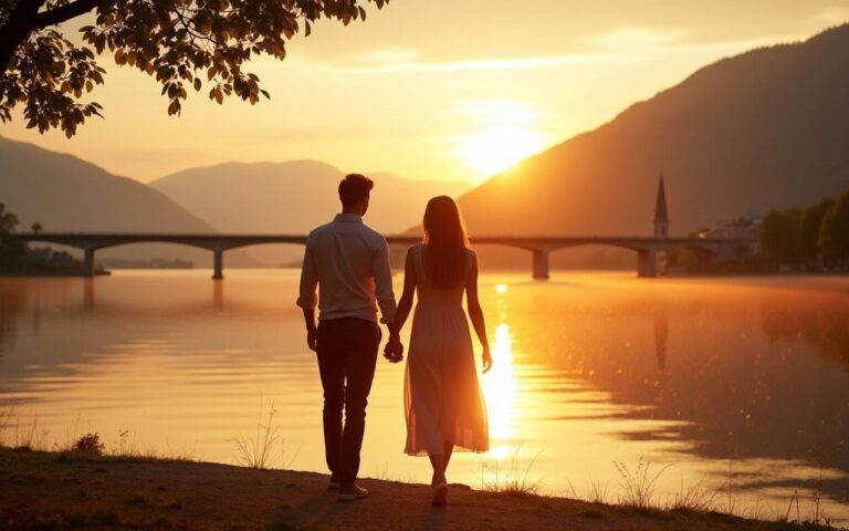 Couple romantique au bord du lac d'Annecy avec le Pont des Amours au coucher de soleil.