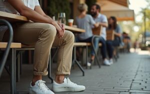 Homme en chino beige et baskets blanches dans un café en plein air.
