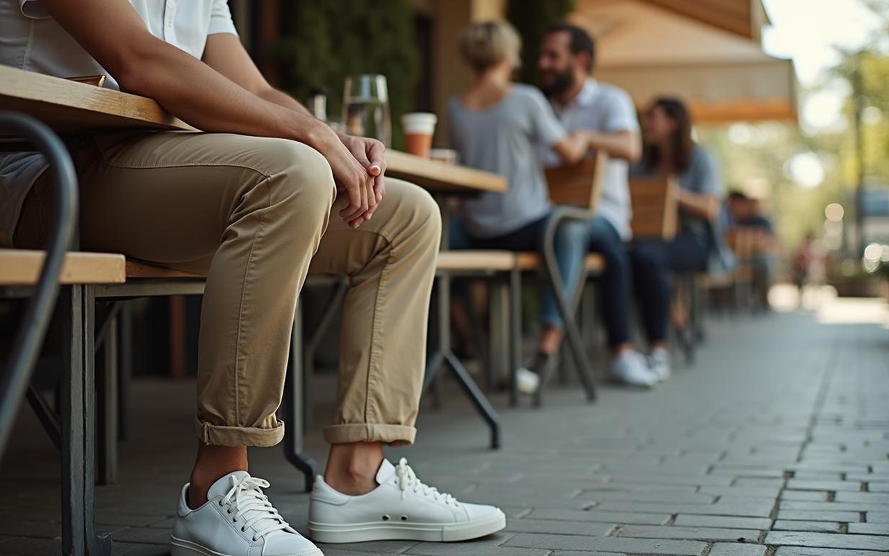 Homme en chino beige et baskets blanches dans un café en plein air.