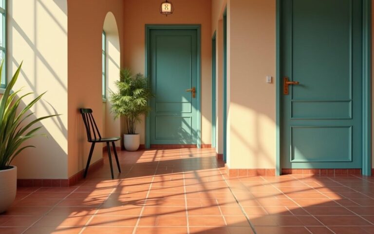 Intérieur moderne avec tomettes rouges et murs beige clair, accessoires en bleu canard et vert sauge.