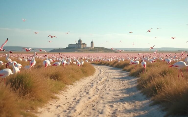 Sentier de randonnée aux Saintes-Maries-de-la-Mer avec flamants roses et église en arrière-plan.