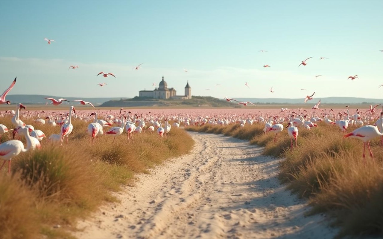Sentier de randonnée aux Saintes-Maries-de-la-Mer avec flamants roses et église en arrière-plan.