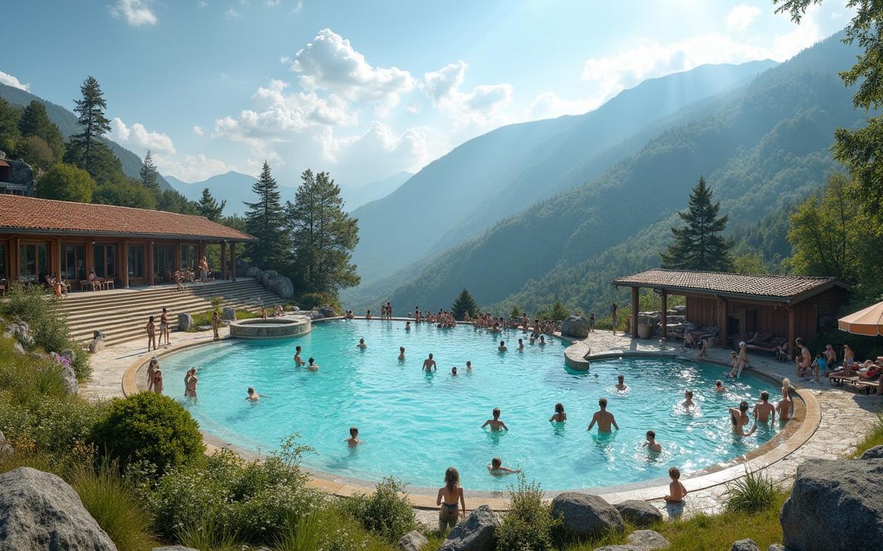 Station thermale dans les Pyrénées, vue panoramique avec montagnes et visiteurs.