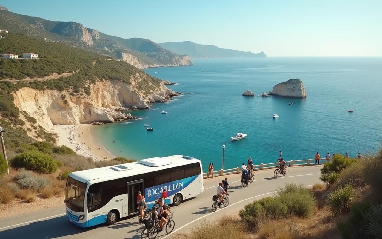 Visiteurs accédant aux Calanques par train, bus et vélo électrique dans un paysage méditerranéen.