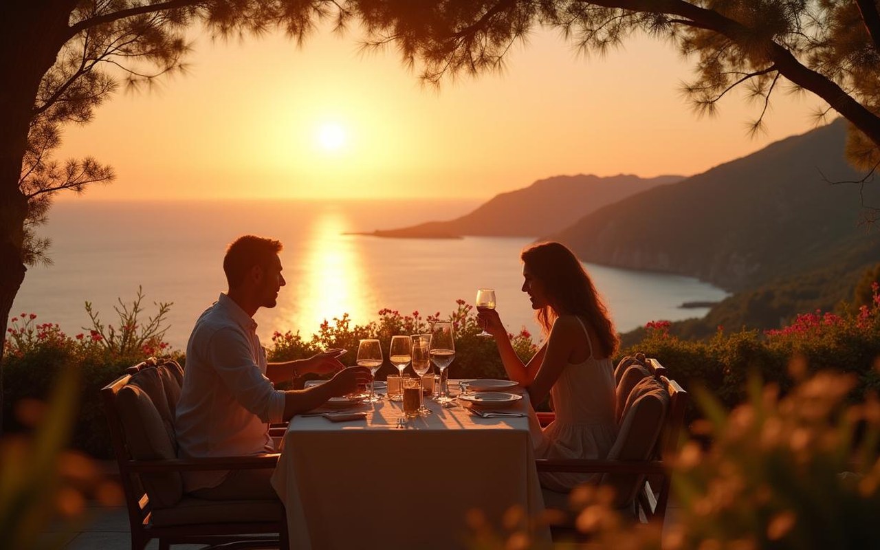 Dîner romantique en plein air avec vue sur la Côte d'Azur au coucher du soleil.