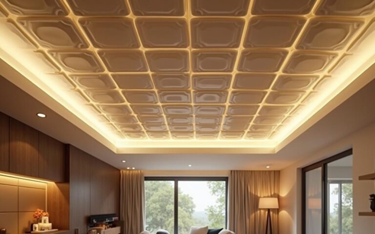Intérieur moderne avec dalles de polystyrène au plafond, ambiance chaleureuse