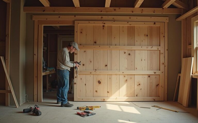 Un bricoleur assemble une porte coulissante en bois dans son atelier.