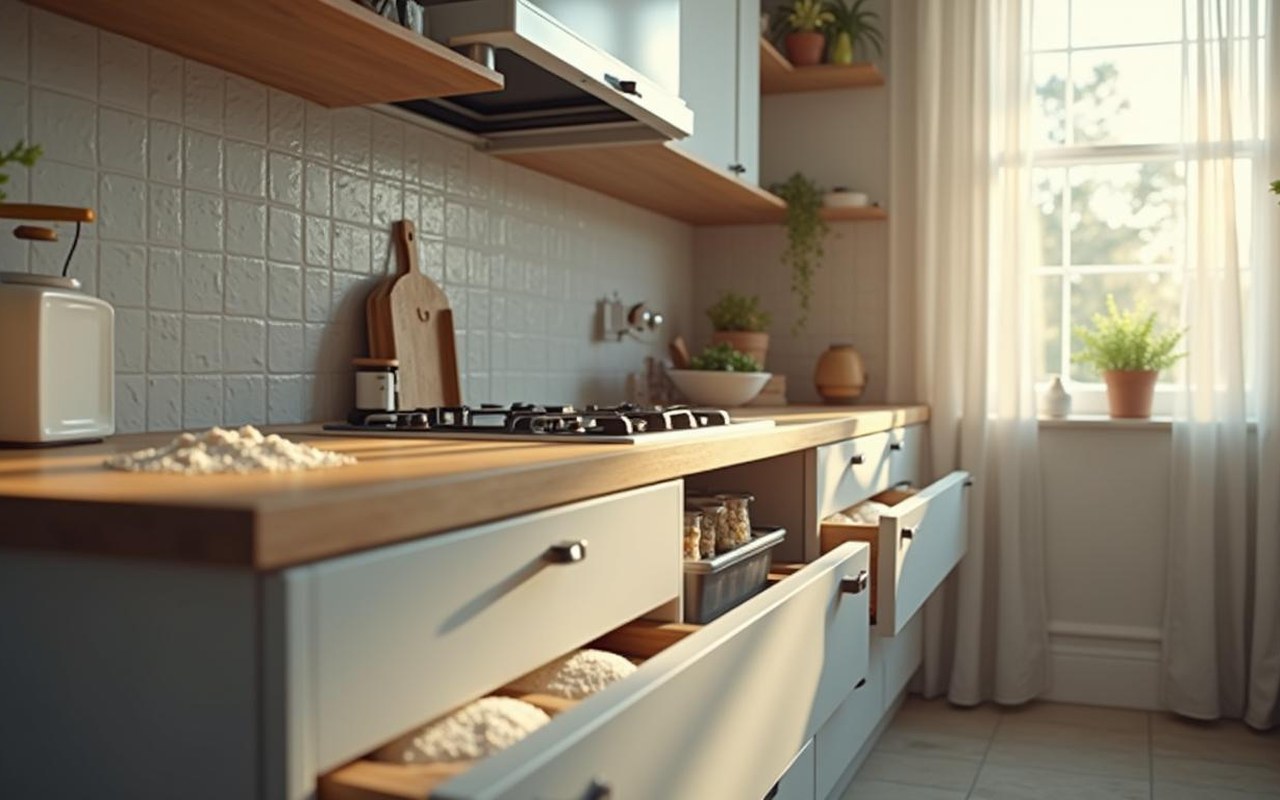 Cuisine moderne avec signes d'infestation d'insectes blancs dans les placards