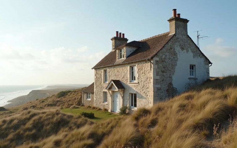 Maison ancienne à rénover en Normandie, près de la mer, avec paysages côtiers typiques.