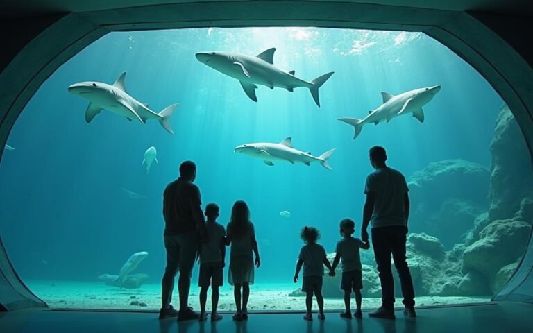 Une famille découvrant l'Aquarium de Biarritz avec des requins et des phoques.