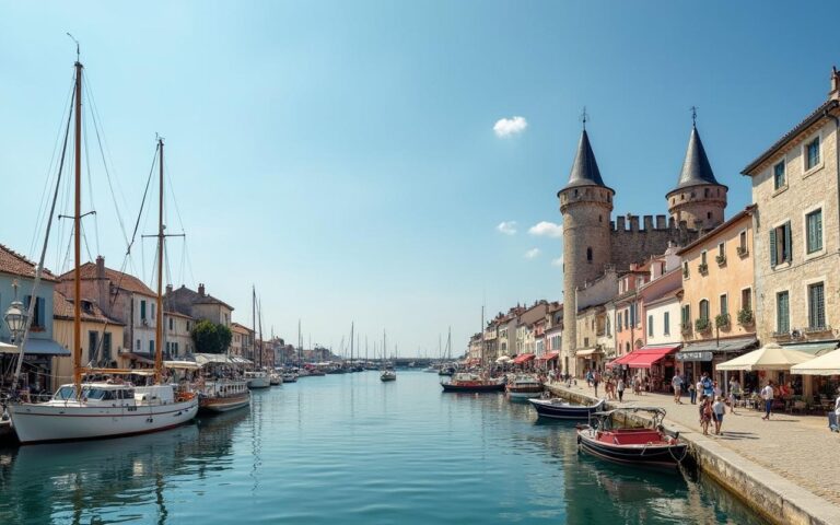 Vue du Vieux-Port de La Rochelle avec les tours historiques et des bateaux.