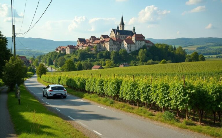 Paysage de la Route des Vins d'Alsace avec vignes et village médiéval.