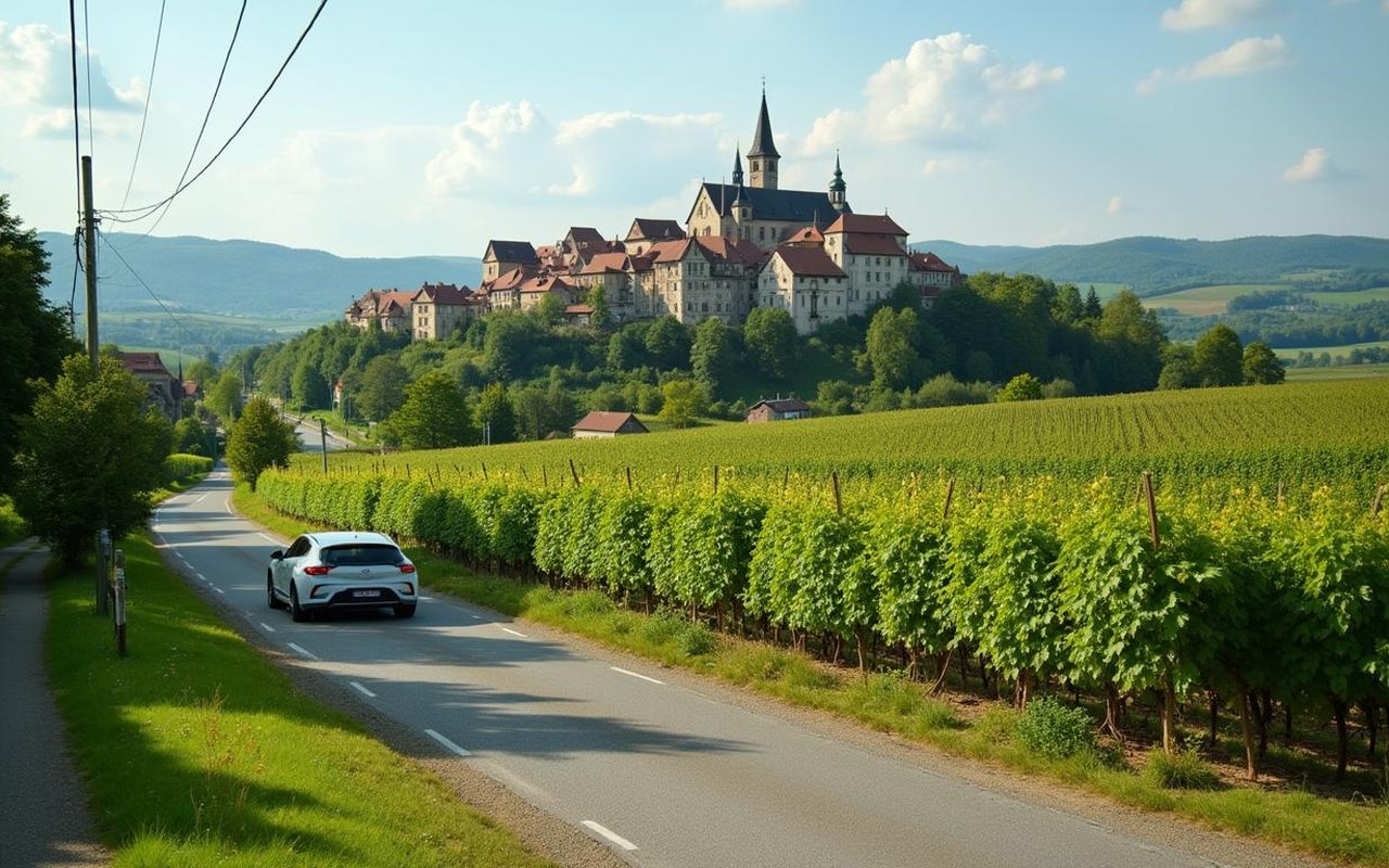 Paysage de la Route des Vins d'Alsace avec vignes et village médiéval.