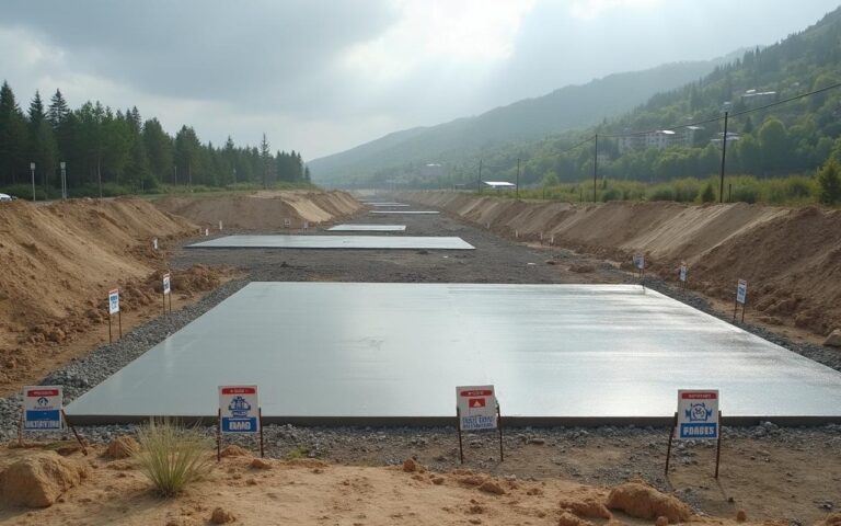 Chantier avec dalle béton fraîchement coulée et panneaux de signalisation sur le séchage.