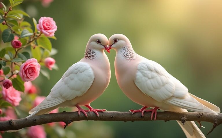 Un couple de tourterelles se touchant le bec dans un jardin fleuri, symbole d'amour et de fidélité.
