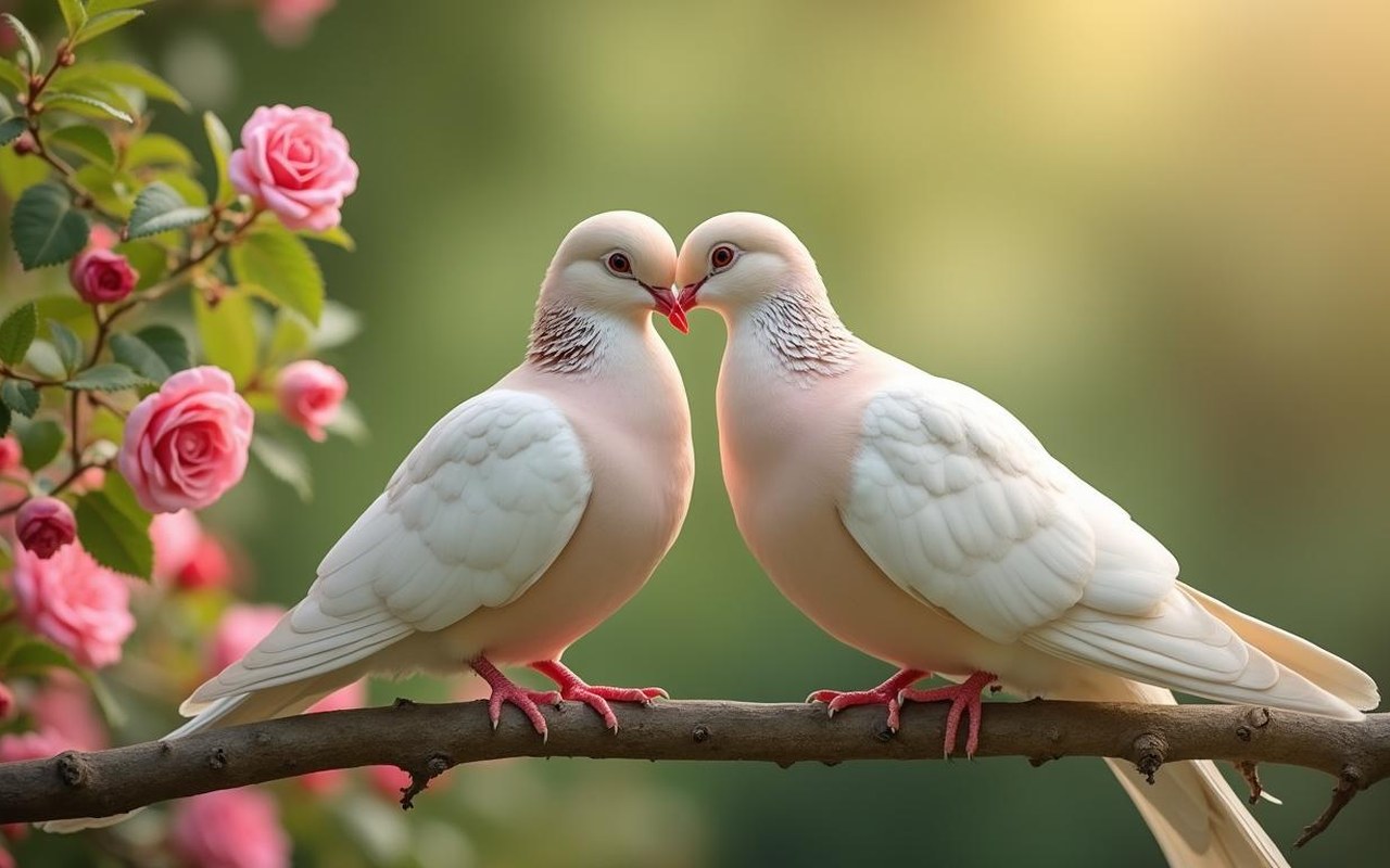 Un couple de tourterelles se touchant le bec dans un jardin fleuri, symbole d'amour et de fidélité.