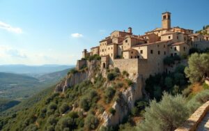 Village perché en Provence avec maisons en pierre et paysages d'oliviers.