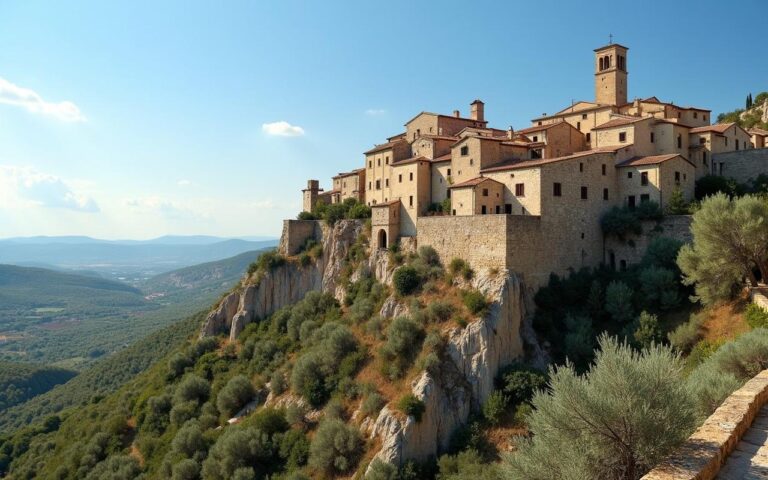 Village perché en Provence avec maisons en pierre et paysages d'oliviers.