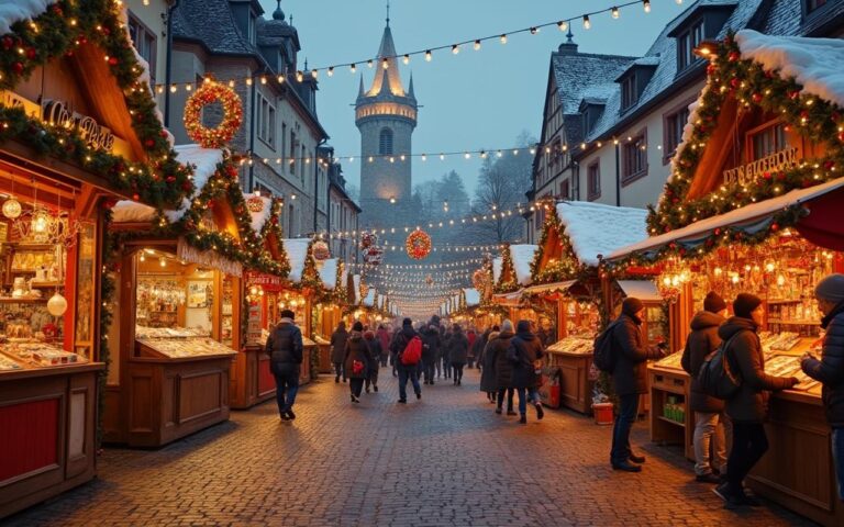 Marché de Noël à Colmar en hiver avec des stands colorés et des décorations festives.