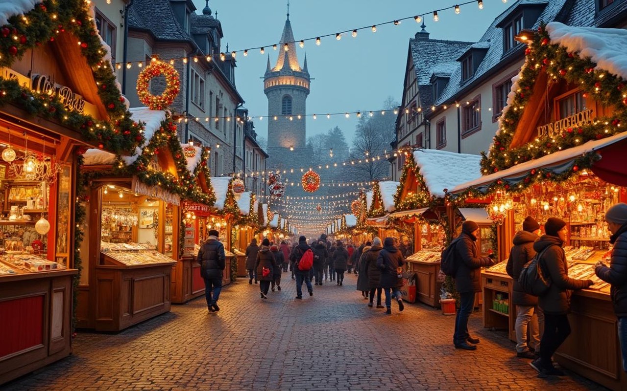 Marché de Noël à Colmar en hiver avec des stands colorés et des décorations festives.
