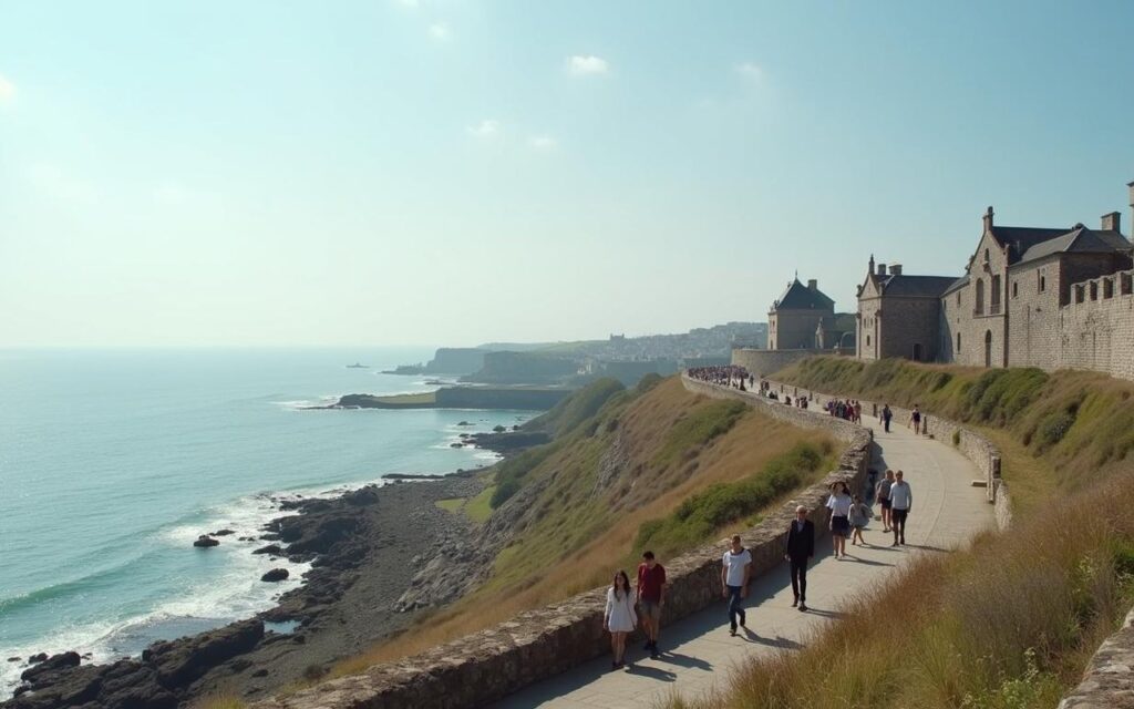 Panorama des remparts de Saint-Malo avec la mer et des visiteurs.