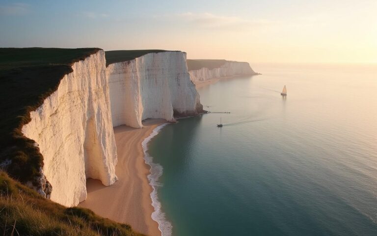 Panorama des falaises d'Étretat au lever du soleil, mettant en valeur la Falaise d'Aval et l'Aiguille