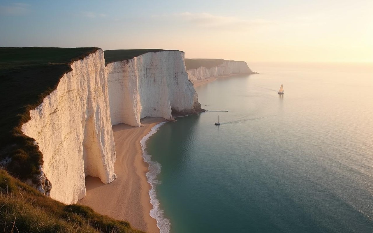 Panorama des falaises d'Étretat au lever du soleil, mettant en valeur la Falaise d'Aval et l'Aiguille