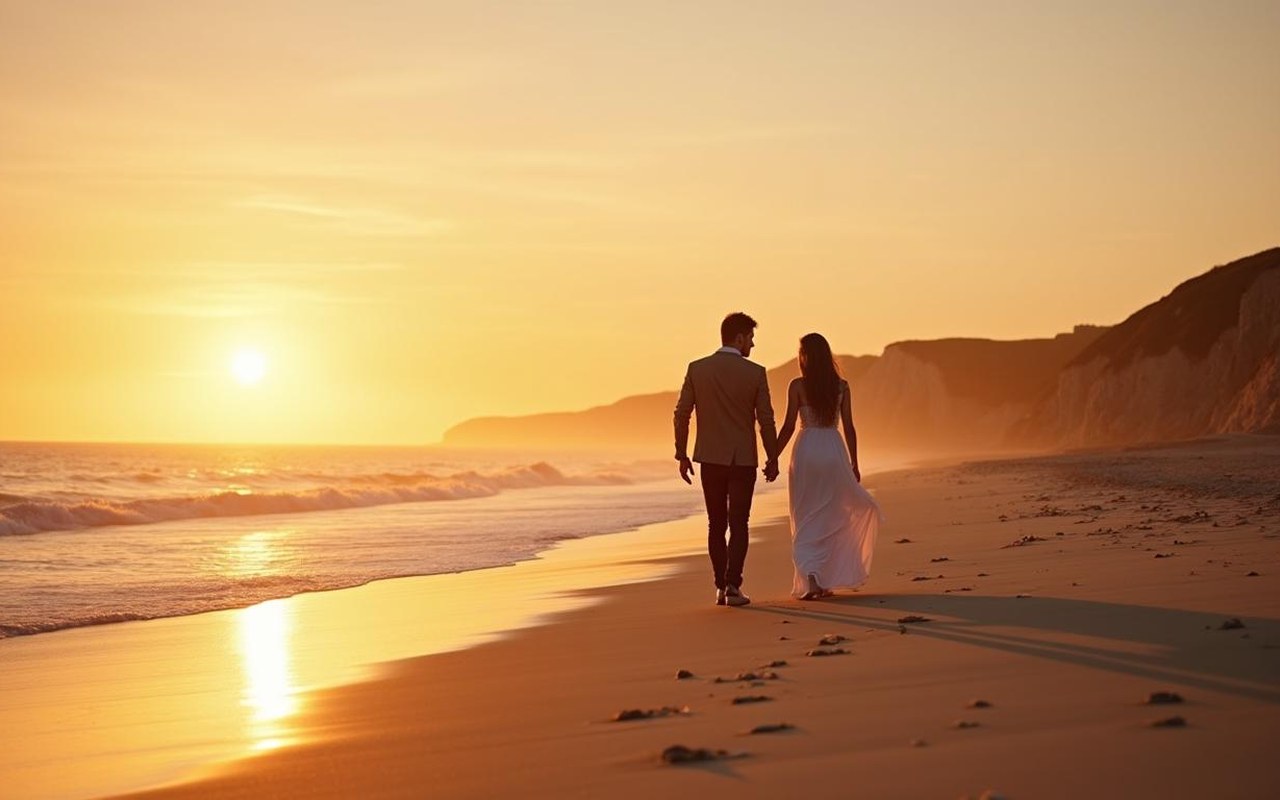 Couple romantique sur une plage de Bretagne au coucher du soleil