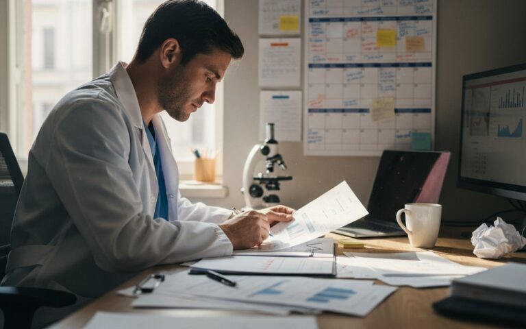 Professionnel de santé analysant des résultats de tests sanguins, stress en arrière-plan.