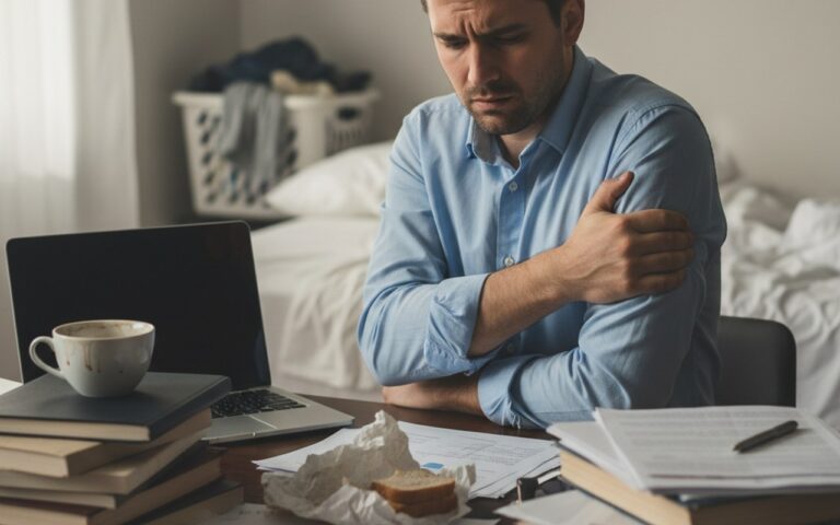 Personne préoccupée par des ganglions enflés sous l'aisselle, symbolisant stress et fatigue.